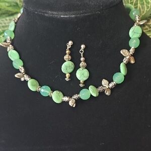 Faux Stone, Green & Silver Tone Beaded Choker Necklace and Earring Set